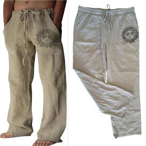 Khaki Sun Print Pull On Cotton Linen Hippie Trouser Pants Size Large